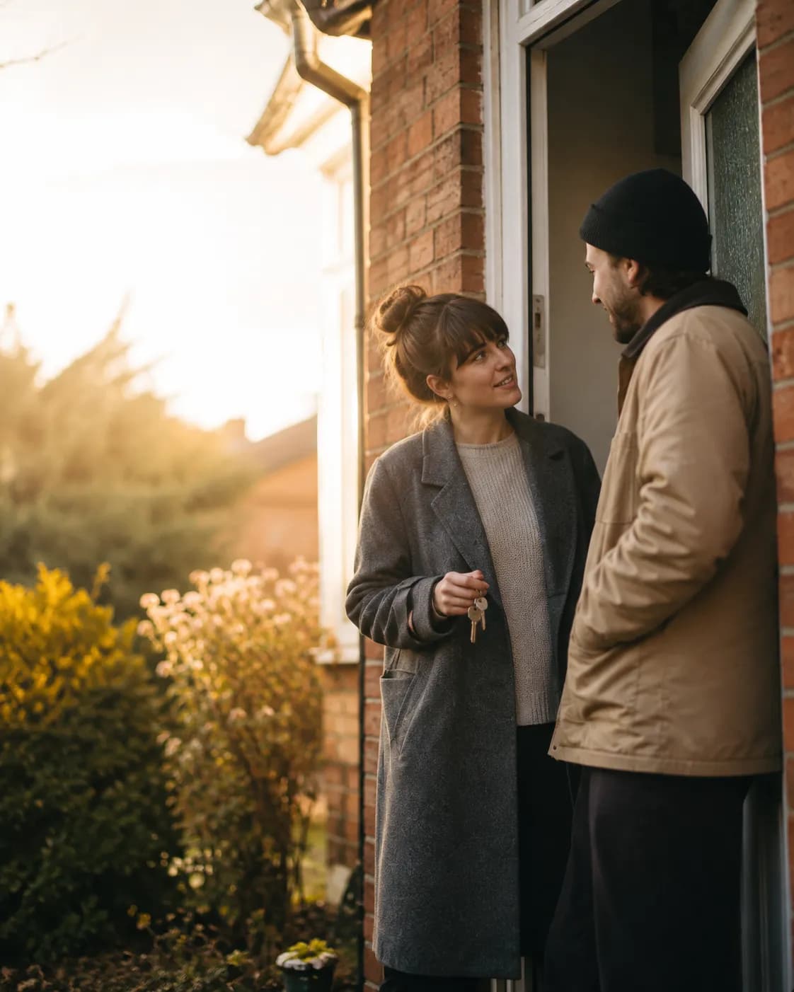 A couple talking on the doorstep of their new home at sunset, one of them holding the keys.