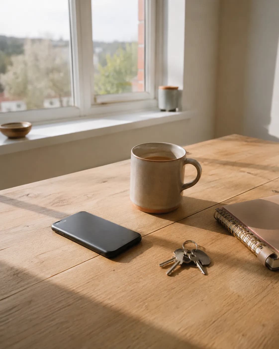 A mug of tea, a phone, a set of house keys and a notebook on a kitchen table by a sunlit window.